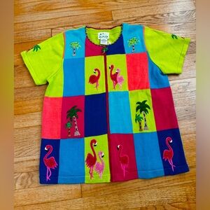 Vintage Quaker Factory - Size Large - Embroidered Flamingo Grandma Knit Sweater